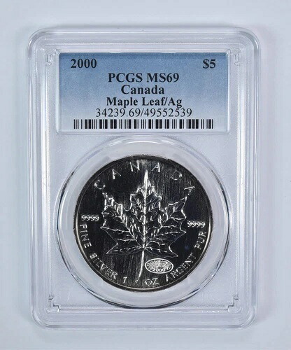 2000年カナダ5ドル銀貨メープルリーフMS69 PCGSブルーラベル｜WORLD RESOURCE【KING店】 205,700円