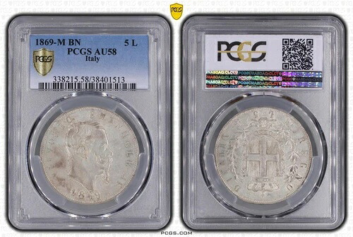 イタリア ヴィットーリオ・エマヌエーレ2世 5リラ 1869年 M PCGS AU58｜WORLD RESOURCE【KING店】
