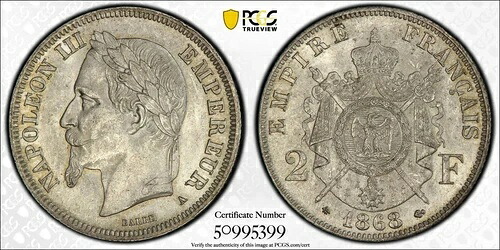 フランス 2フラン ナポレオン3世 1868年 A シルバー PCGS MS62｜WORLD RESOURCE【KING店】