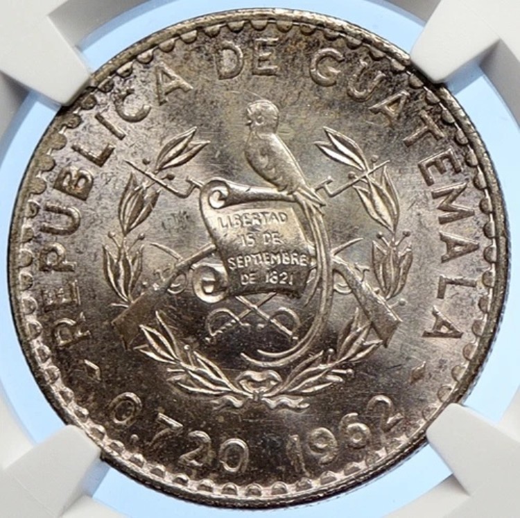 1962年 グアテマラ 柱上の鳥 古いヴィンテージ シルバー 50センターボ NGCコイン i106274|WORLD RESOURCE【KING店】