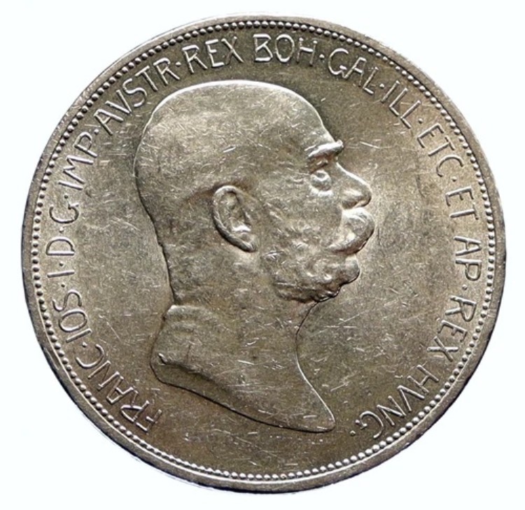 1908年オーストリア国王フランツ・ヨーゼフ1世のオーストリア銀貨アンティーク5コロナコインi96122｜WORLD RESOURCE【KING店】 206,800円