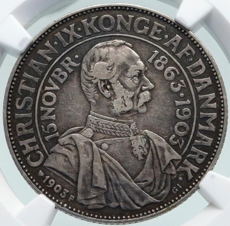1903年 デンマーク クリスチャン9世 即位25周年記念 銀貨 2クローネ NGC i86989|WORLD RESOURCE【KING店】