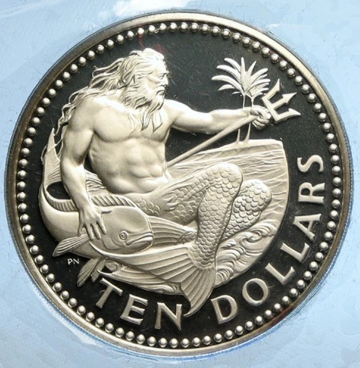 1974年 バルバドス 巨大ヴィンテージ ネプチューン オールドプルーフ シルバー 10ドルコイン i112731｜WORLD RESOURCE【KING店】