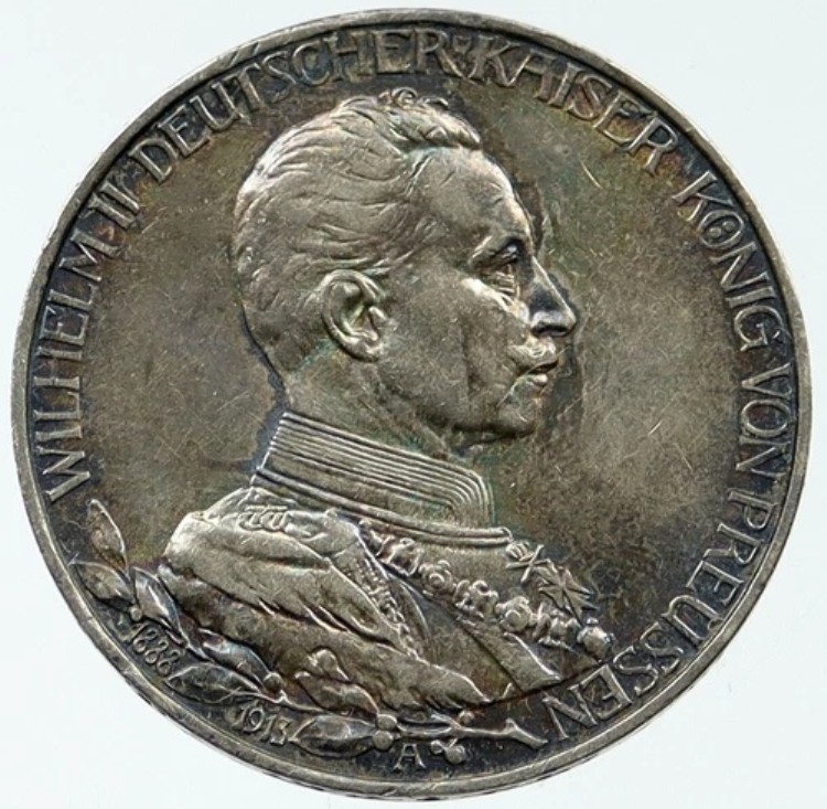 1913年 ドイツ プロイセン国王ヴィルヘルム2世 0.48オンス 銀貨 3マルク ドイツ貨幣 i117666|WORLD RESOURCE【KING店】