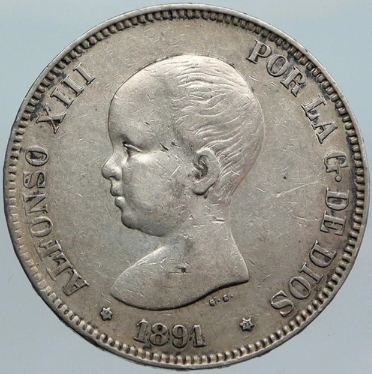 1891年 スペイン国王アルフォンソ13世の肖像 アンティークシルバー5ペセタコイン i88067｜WORLD RESOURCE【KING店】