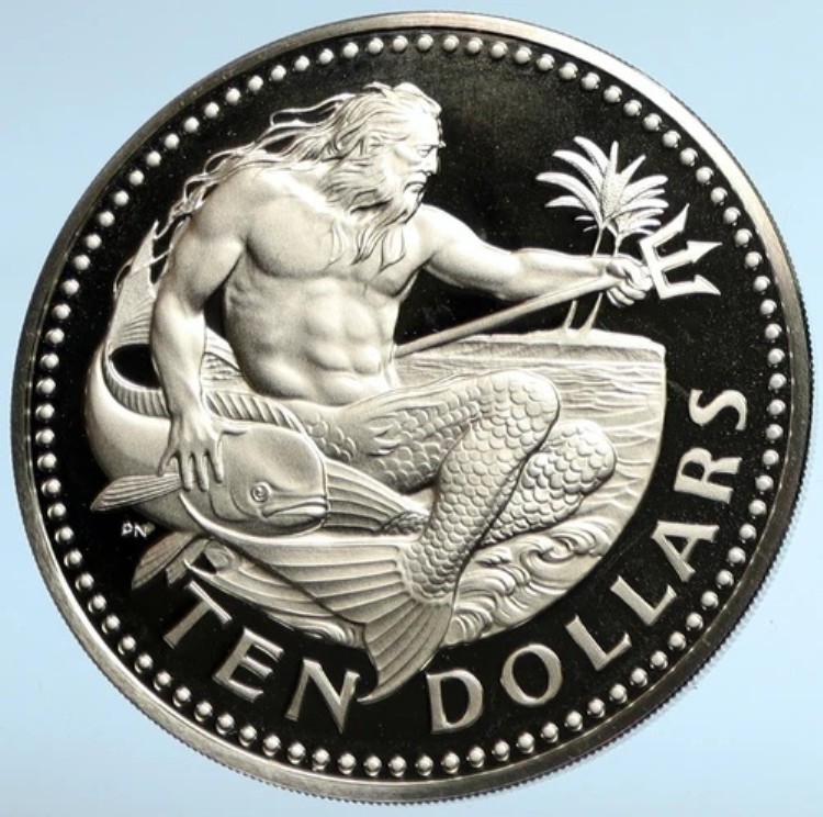 1973年 バルバドス 巨大ヴィンテージ ネプチューン オールドプルーフ シルバー 10ドルコイン i102962|WORLD RESOURCE【KING店】