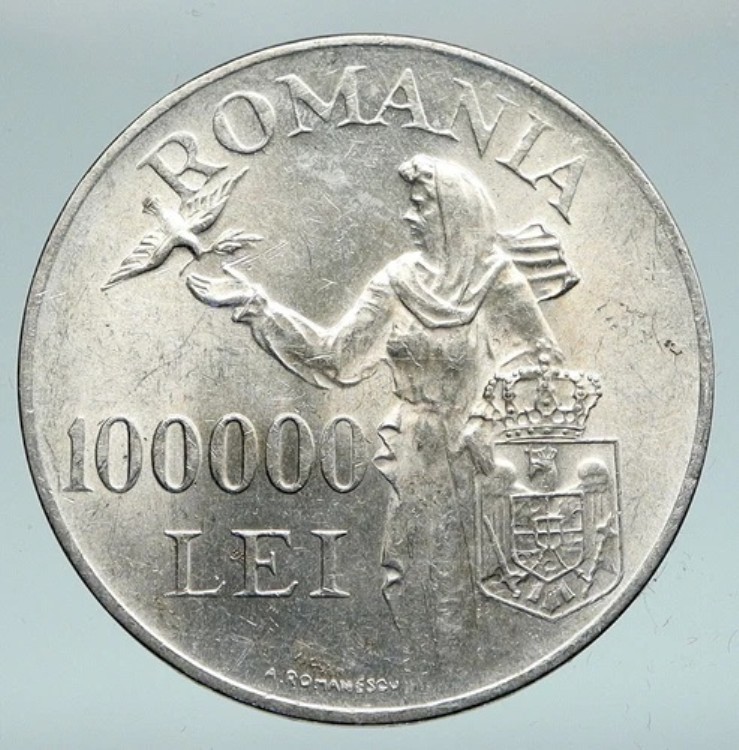 1946年 ルーマニア ミカエル1世 ルーマニア レディバード アンティークシルバー 100000レイコイン i91474|WORLD RESOURCE【KING店】