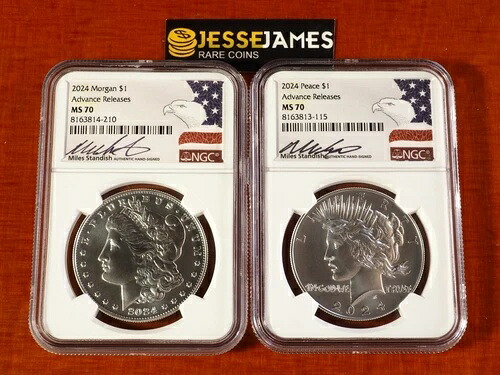 2024年 1ドル銀貨 ピース＆モルガン・ダラー NGC MS70 アドバンスリリース マイルズ・スタンディッシュ