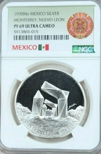 1990年 メキシコ 銀メダル モンテレイ ヌエボ・レオン NGC PF 69 ウルトラカメオ トップポップ 1