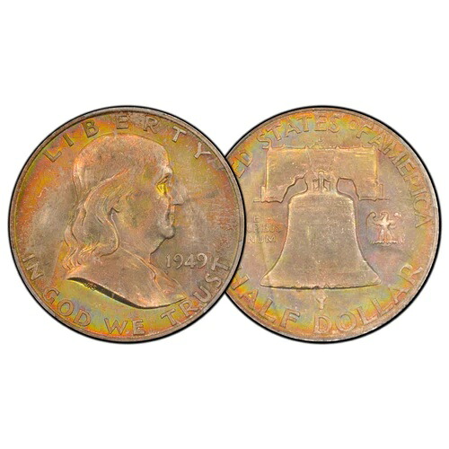 1949-D 50セント フランクリン ハーフダラー PCGS MS64 - 素晴らしい両面レインボートーン