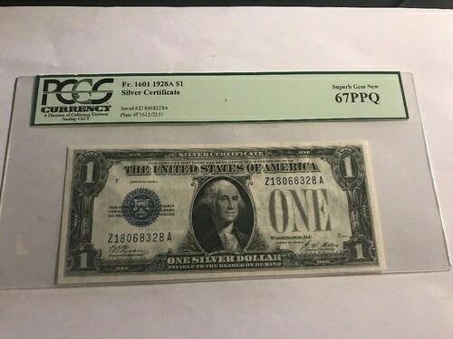 1928年 A $1 Fr. 1601 シルバー証明書 ブルーシール PCGS 極上宝石 新品 67PPQ