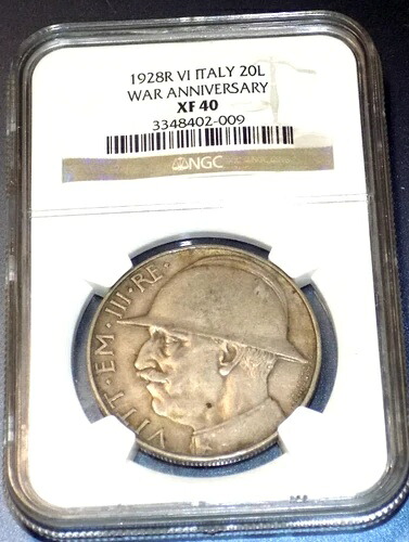 1928年イタリア ヴィットーリオ・エマヌエーレ3世 20リラ NGC XF40 第一次世界大戦記念イタリアコイン