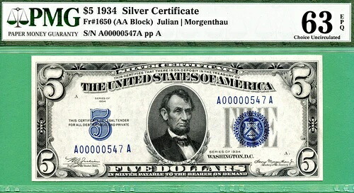 下3桁シリアル - A 00000547 A - 1934 $5 SC - PMG CU 63 EPQ - Fr 1650