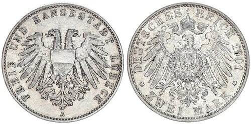 ハンゼシュタット リューベック 2 マーク 1901 A ほぼ XF 104930
