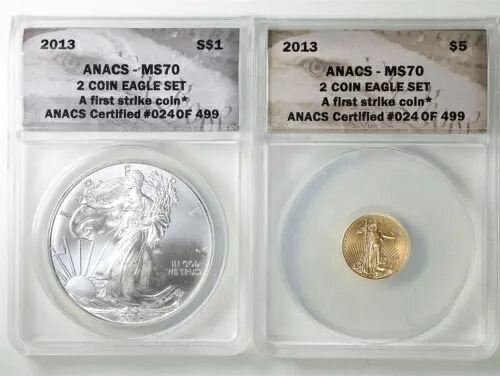 2013年 銀貨1オンス＆金貨10オンス アメリカンイーグル 2枚セット MS70 ANACS #024/499
