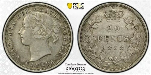 1858年カナダ20セントPCGS XF45再彫刻5