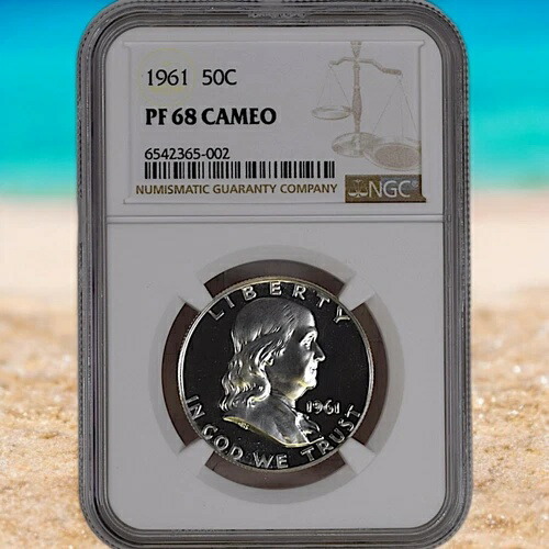 1961 年プルーフ フランクリン ハーフ ドル 50 セント - NGC PF 68 カメオ - 450 ドルの価格ガイド!