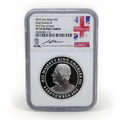 2022年 2オンス マルタ S3E キングチャールズ3世 NGC PF70 発行初日 ジョディ・クラーク シグネチャー