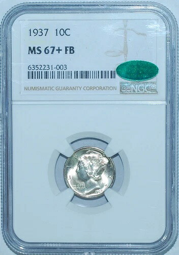 1937年 P NGC MS67+FB CAC フルバンド マーキュリーダイム