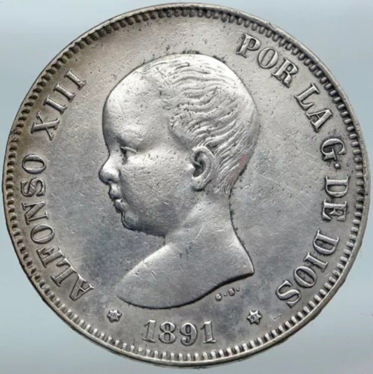 1891年 スペイン国王アルフォンソ13世の肖像 アンティークシルバー5ペセタコイン i88097