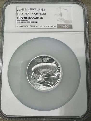 スタートレック USSエンタープライズ 2016 ツバル 5オンス 銀貨 8ドル NGC PF 70 高浮き彫り
