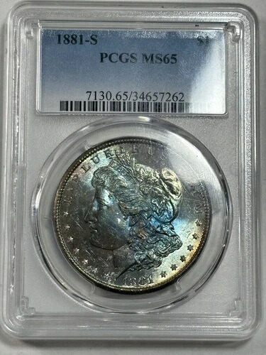 1881年 Sトーン モーガン $????PCGS MS 65????両面大胆なレインボーカラー????動画
