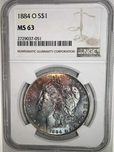 1884年 Oトーン モルガン $ NGC MS 63????印象的な表面のレインボートーン????動画