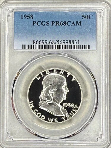 1958年 プルーフ フランクリン ハーフダラー PCGS PR68 CAM、均一なカメオ、表面にヘビー
