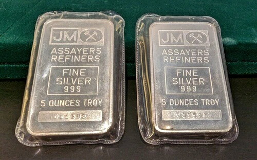 2 x ヴィンテージ ジョンソン・マッセイ 5オンス シルバーバー 連続番号 S 工場未開封