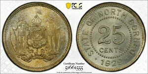 1929-H 英国北ボルネオ 25セント PCGS MS65｜WORLD RESOURCE【KING店】