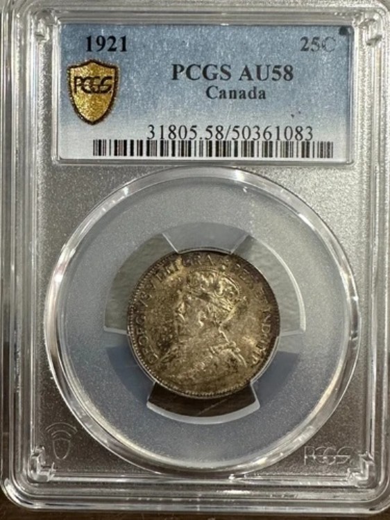 1921年 カナダ ジョージ5世 シルバークォーター PCGS AU58 キーデート