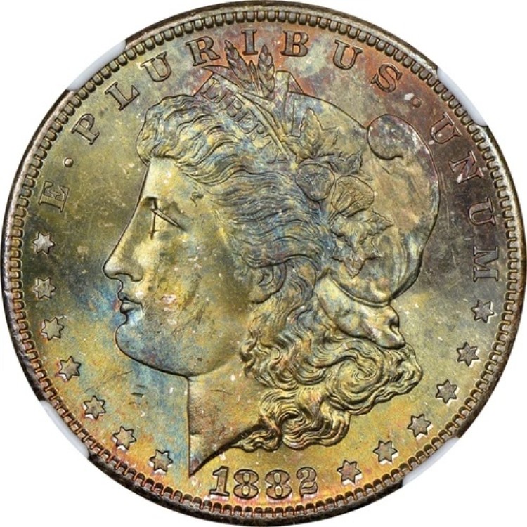 1882-S 1ドル モルガン・ダラー NGC MS66 息を呑むほど美しいゴールド、赤褐色、シーグリーン＆ブルーの宝石