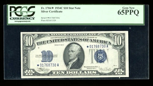 DBR 1934-C 10ドル シルバー STAR Gem Fr. 1704* PCGS 65 PPQ シリアル *01768730A|WORLD RESOURCE【KING店】