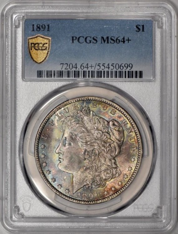 1891 年 モーガン シルバー ダラー $1 PCGS MS64+ - 素晴らしい色/色調!