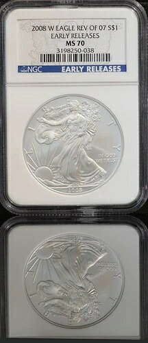 2008年 W アメリカン シルバー イーグル Rev Of 07 S $1 NGC MS70 アーリーリリース ブルーラベル