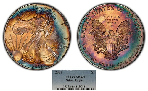 2001年 1オンス シルバー アメリカンイーグル - PQ モンスター レインボー トーニング - PCGS MS 68 - E2976