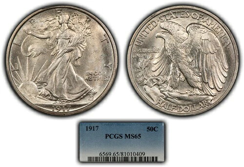 1917年 50セント ウォーキング・リバティ シルバー ハーフドル - 美しいPQコイン - PCGS MS 65 - B3962