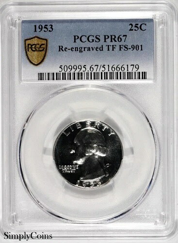 1953年ワシントンクォーター、PCGS PR67、再彫刻、TF FS-901、尾羽根付き、TrueView|WORLD RESOURCE【KING店】