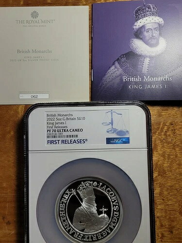 2022 NGC PF70 英国君主 5オンス ジェームズ1世 銀貨 10ポンド！ COA# 62