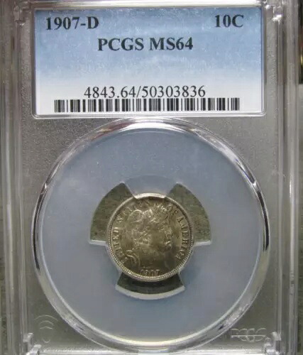 1907-D バーバー ダイム シルバー ---- PCGS MS-64 グレードコイン ---- #732B｜WORLD RESOURCE【KING店】