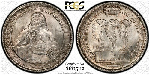 サンマリノ 1936-R 20リラ銀貨、宝石付き未流通、PCGS認定 MS65｜WORLD RESOURCE【KING店】