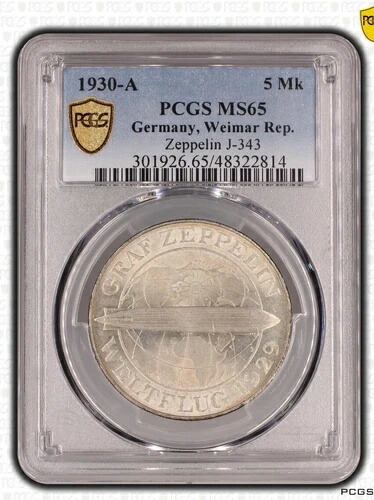 ワイマール共和国 5 ライヒスマルク 1930 A ツェッペリン PCGS MS65 シルバー BU J 343-