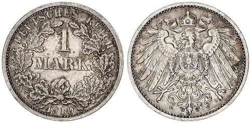 ドイツ帝国1マーク1910プローブ（ミントマークなし）ほぼXF 117724