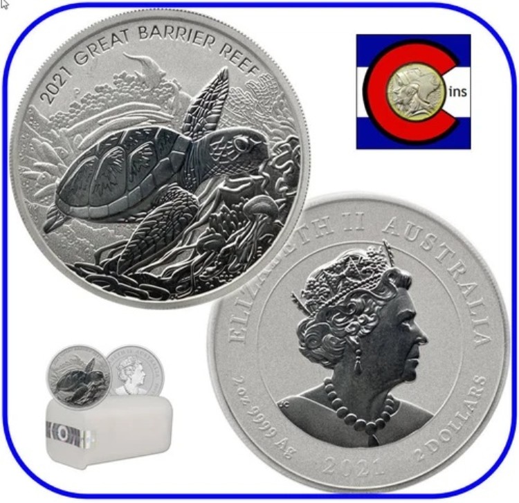 2021年 オーストラリア グレートバリアリーフ タートル 2オンス 銀貨 - 10枚入り密封チューブ｜WORLD RESOURCE【KING店】