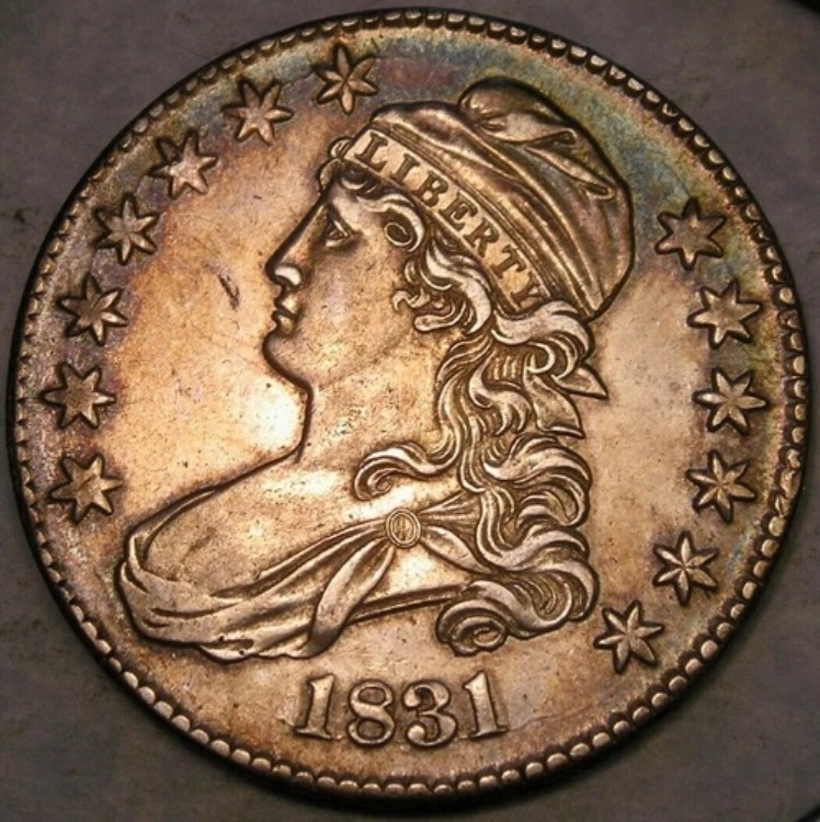 1831年製 キャップドバスト 文字入りエッジ シルバー ハーフドル 非常に美しいカラフルな色調 353,430円
