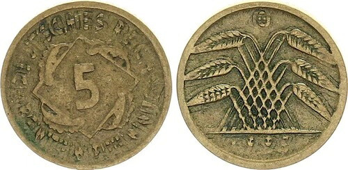 ワイマール 5 ペニヒ 1923 G ラック貨幣：3x ショート ディスプレイスド エンボス加工 VF｜WORLD RESOURCE【KING店】 165,550円
