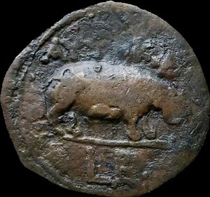 クラウディウス41-54年（西暦）、アレクサンドリアのディオボル（AE）。第3年 - 42-43年（西暦）。ヒポポタマス・ヒポ