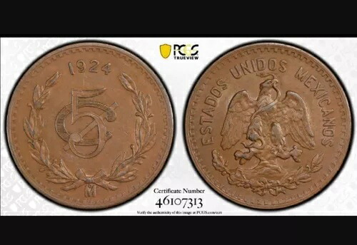 メキシコ 1924年 5センターボ PCGS AU 58 キーデート