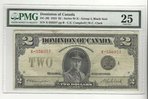 1923年 カナダ自治領 DC-26l $2 ブラックシール、Gr 4 SN# X-556357 PMG VF-25