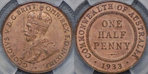 オーストラリア 1933年 ハーフペニー - PCGS MS64RB